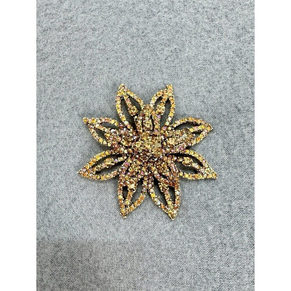 Vintage Flower Sunburst Statement Brooch Pin Rhinestones Gold Brown Tone Sparkle